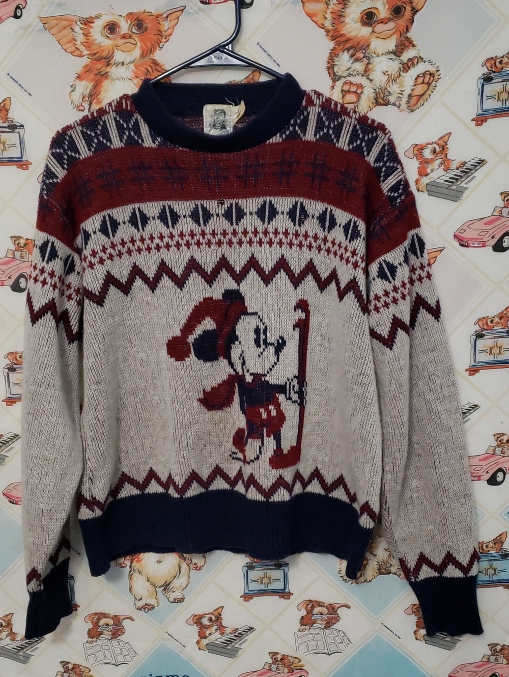 Kennington Vintage Mickey Mouse Skiing Ski Sweater Knit White Brown Black Large